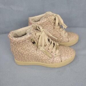 Guess Bending Shoes Womens Size 7 Beige Monogram Wedge Sneaker High Top Side Zip